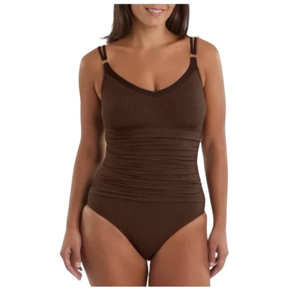 NWT Ellen Tracy Brown Ribbed 1 Piece Swimsuit Ruched V-Neck Gold Hardware Med